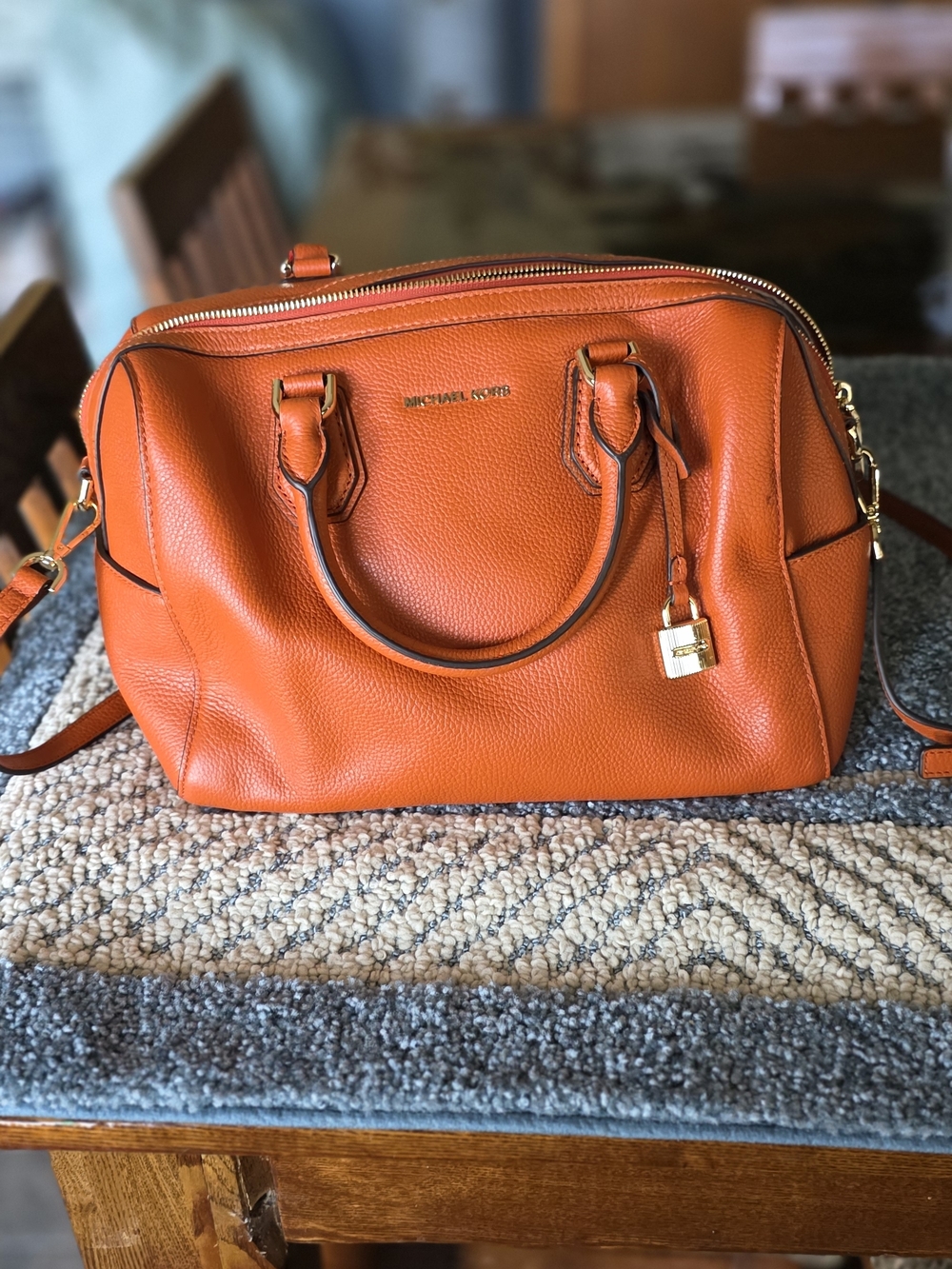 Michael Kors Bright Orange Pebbled Leather Satchel with Gold Accents